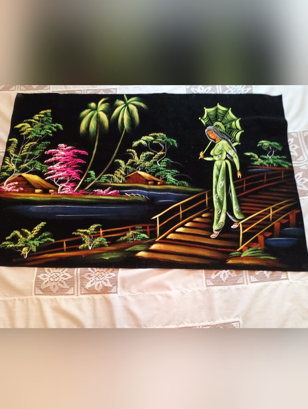 Mid Century Modern Hawaiian Asian Black Velvet Painting 30 x 19.5 Unframed.